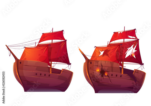 Retro wooden ships with red scarlet sail cartoon vector. Galleon or frigate and broken sailboat after sea battle. Ship in fire with holes in the hull isolated on white background