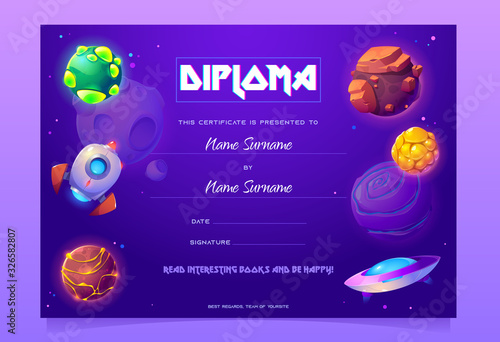 Vector diploma with cosmos design for kids in kindrgarten, preschool or elementary school. Certificate template for award, appreciation or celebration graduation with cartoon planets and spaceship