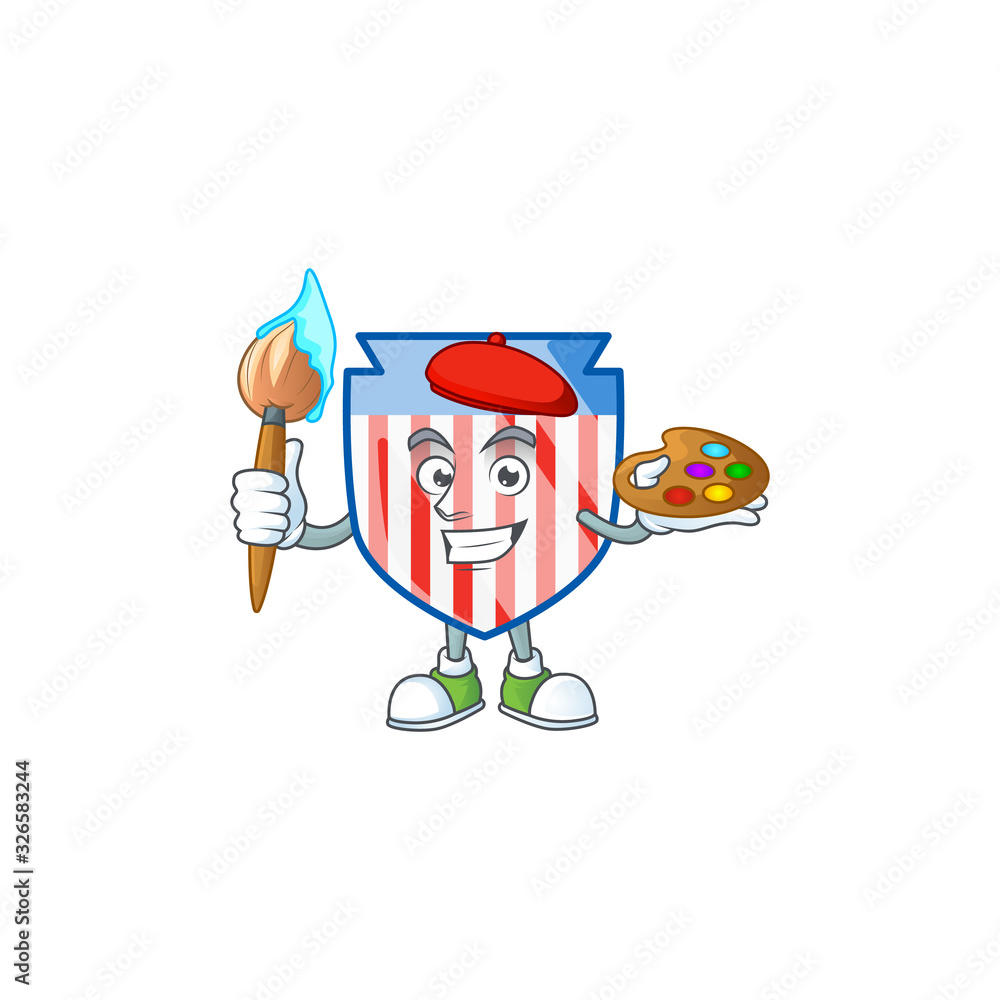 An elegant USA stripes shield painter mascot icon with brush
