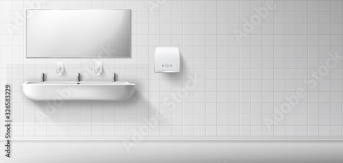Public toilet with white ceramic sink and mirror. Vector realistic interior of empty restroom with washbasin and hand dryer on white tiled wall. Illustration of lavatory, WC