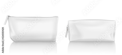 White cosmetic bag with zipper for makeup and beauty tools. Vector realistic mockup of blank fabric pouch with zip for toiletry, soap and body care products. Small beauticians for travel