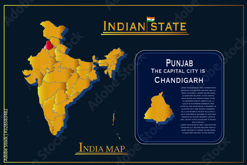  Detailed vector India country outline border map  on background.Punjab  state