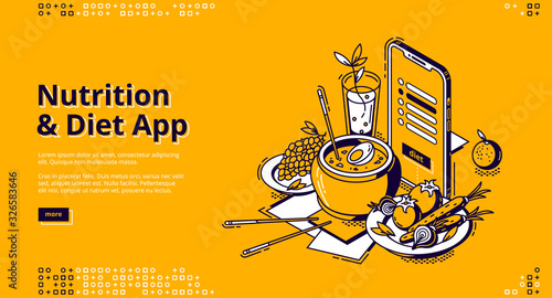 Nutrition and diet app isometric landing page. Application for counting calories in meal and weight loss. Eco food dishes soup, fruit and veggies on table with smartphone 3d vector line art web banner