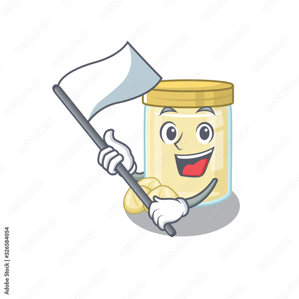Funny macadamia nut butter cartoon character style holding a standing flag Funny macadamia nut butter cartoon character style holding a standing flag