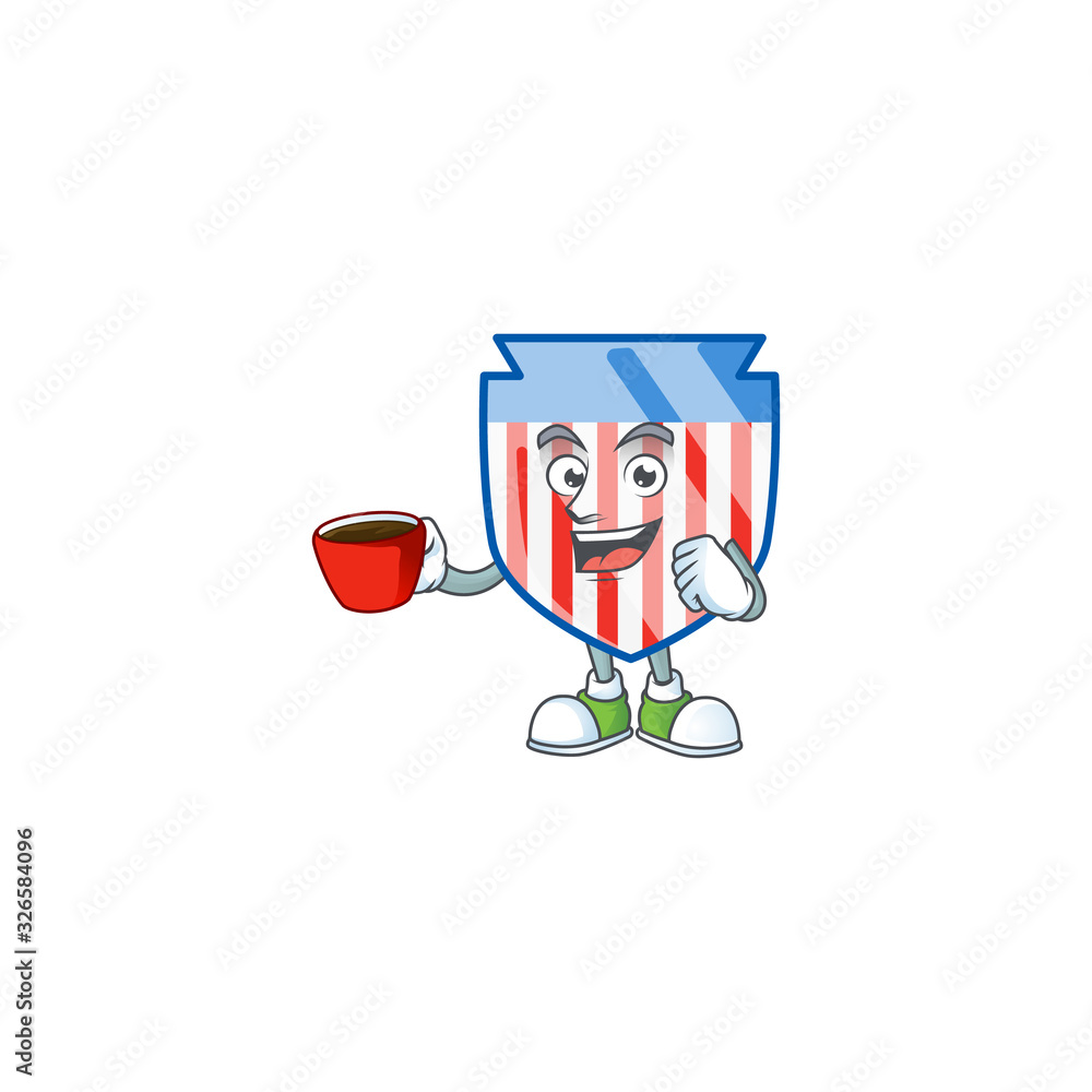 Cool USA stripes shield cartoon character with a cup of coffee Cool USA stripes shield cartoon character with a cup of coffee