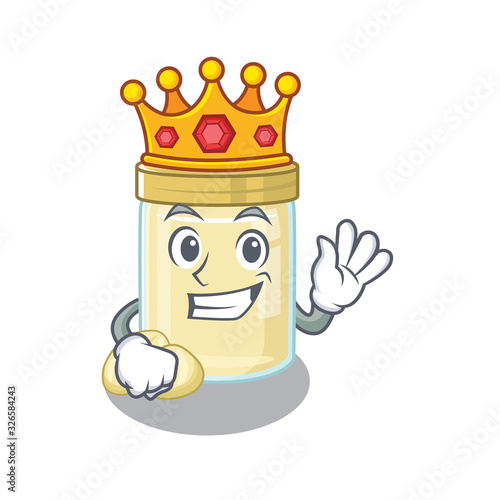 A cartoon mascot design of macadamia nut butter performed as a King on the stage