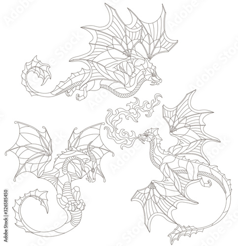 Set of stained glass elements with contour winged dragons, isolates on white background