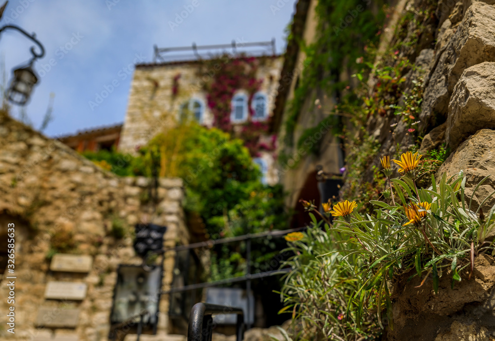 Old buildings with flowers in the streets of Eze Village, medieval city in South of France along the Mediterranean Sea Old buildings with flowers in the streets of Eze Village, medieval city in South of France along the Mediterranean Sea
