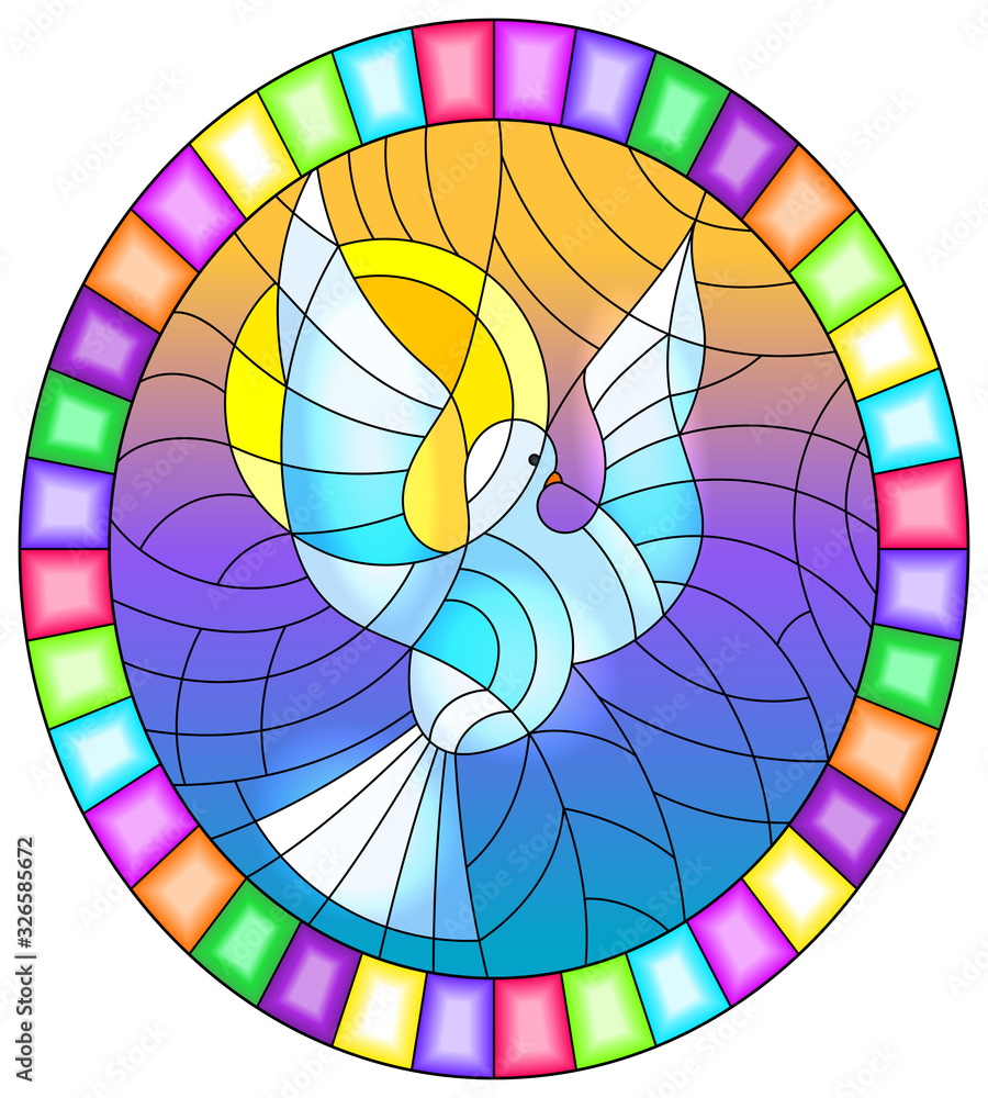 Obraz premium Illustration in stained glass style with a white dove on the background of the daytime sky and clouds, oval picture in a bright frame