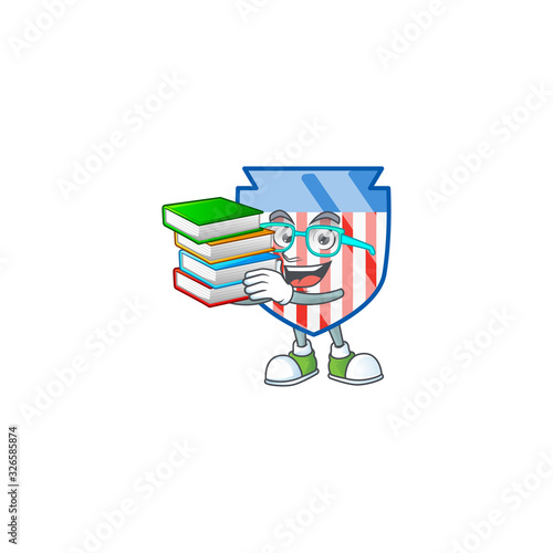 A brainy clever cartoon character of USA stripes shield studying with some books