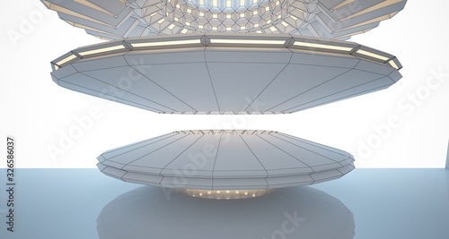 Abstract drawing architectural background. White interior with discs and neon lighting. 3D illustration and rendering.