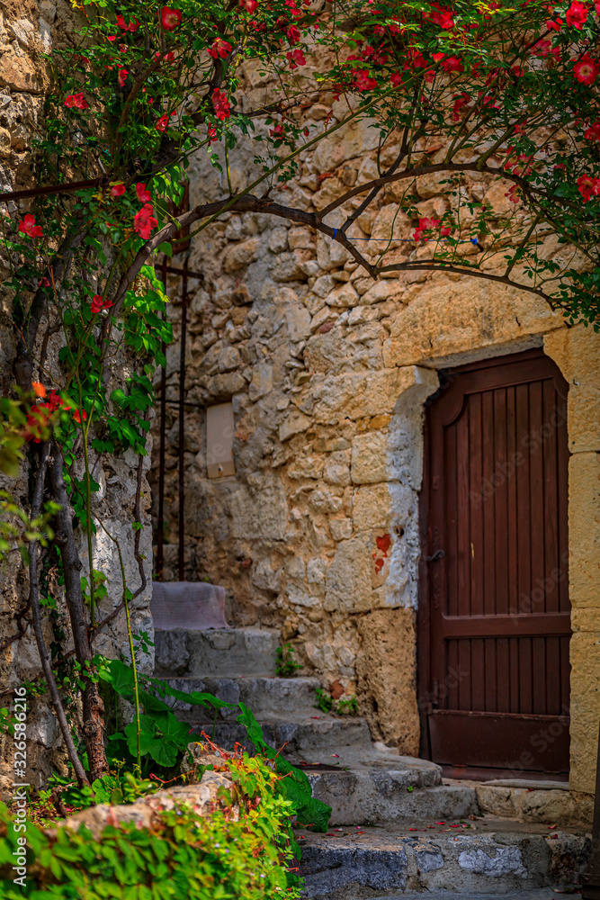 Old wooden door of a stone house covered with flowers in South of France Eze Village, medieval city by Mediterranean Sea