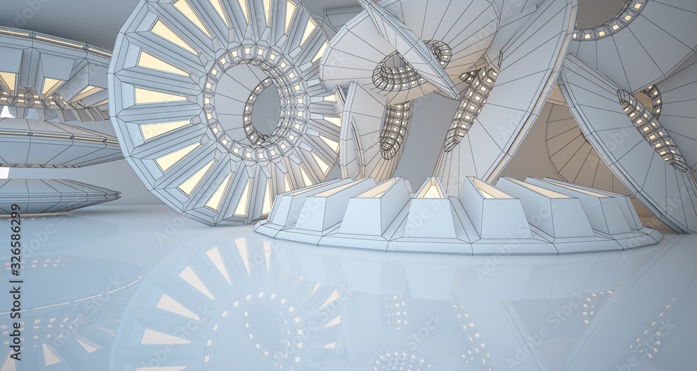 Fototapeta Abstract drawing architectural background. White interior with discs and neon lighting. 3D illustration and rendering.