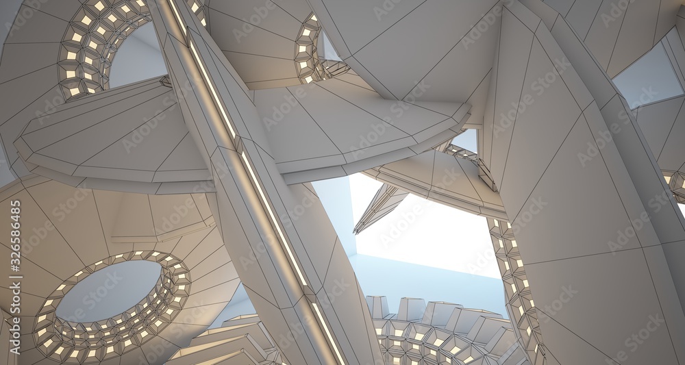 Obraz premium Abstract drawing architectural background. White interior with discs and neon lighting. 3D illustration and rendering.