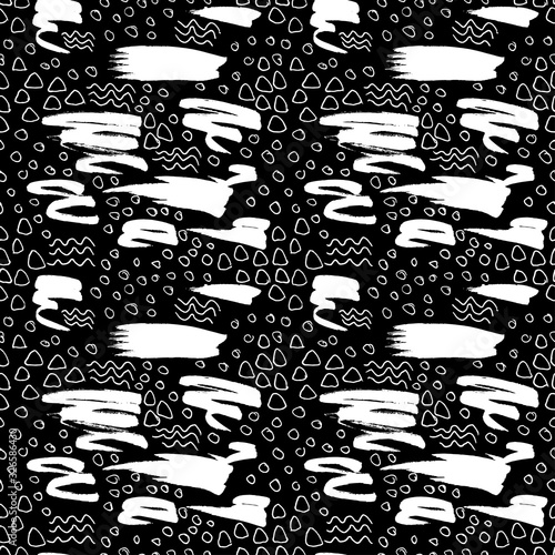 Vector seamless pattern with grunge brush stroke and circles, triangles and waves. Vector illustration.