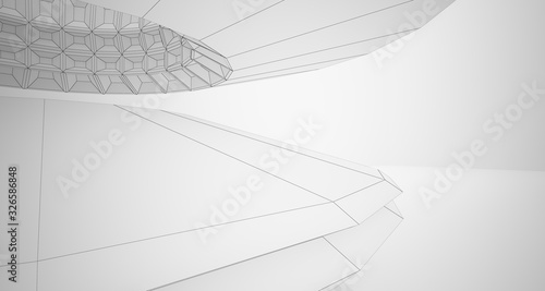 Abstract drawing architectural background. White interior with discs. 3D illustration and rendering.