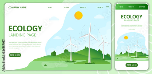 Wind energy. Flat ecology landing page template.