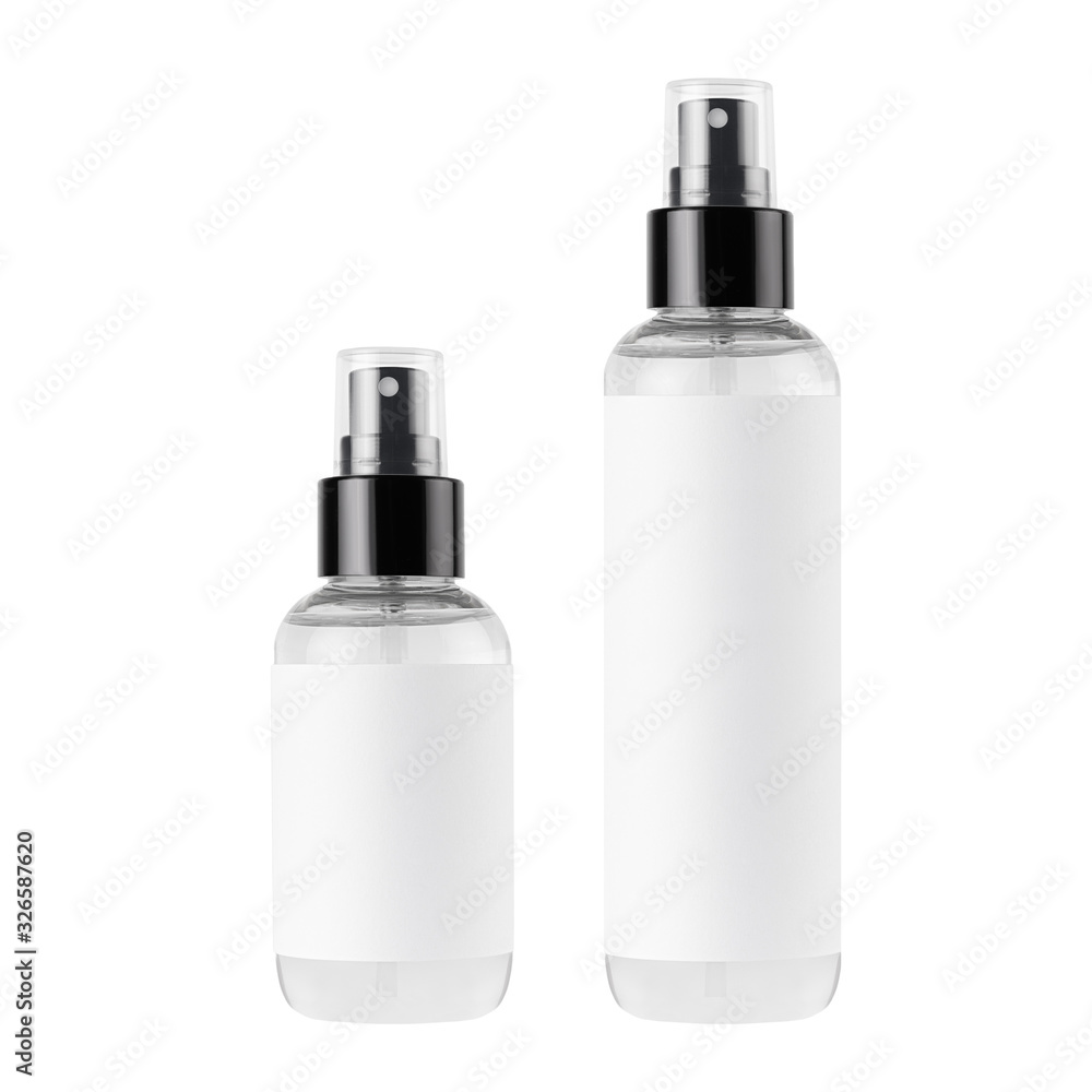 Tall, low transparent spray dispenser bottle for cosmetics with white label, isolated, mock up for branding, presentation, design. Tall, low transparent spray dispenser bottle for cosmetics with white label, isolated, mock up for branding, presentation, design.