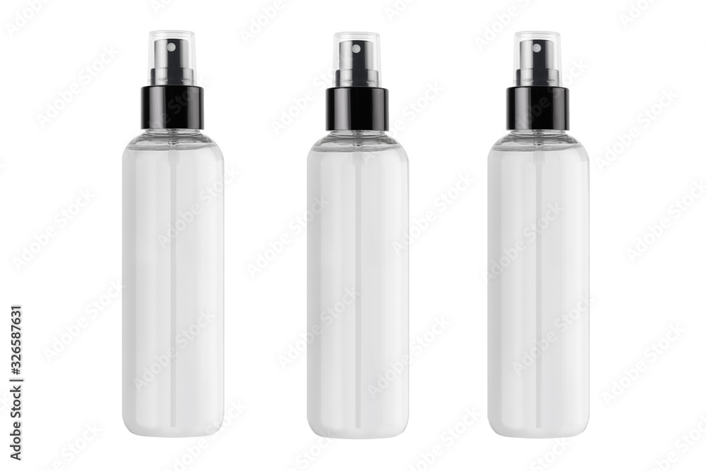 Tall transparent spray dispenser bottles for cosmetics product collection with liquid in a row, isolated, mock up for design. Tall transparent spray dispenser bottles for cosmetics product collection with liquid in a row, isolated, mock up for design.