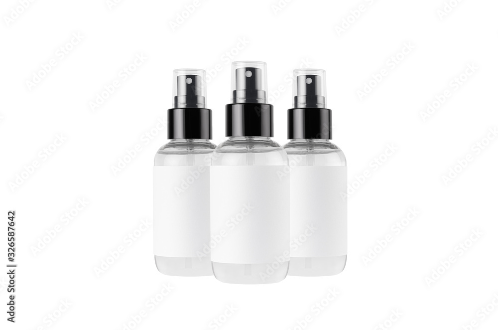 Spray bottles for cosmetics product with white blank label isolated on white background, mock up for branding, advertising, presentation, design. Spray bottles for cosmetics product with white blank label isolated on white background, mock up for branding, advertising, presentation, design.