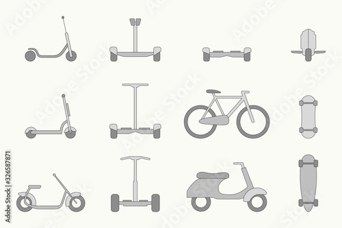 Eco-friendly transport Icons set - Vector color symbols of scooter, monowheel, hoverboard, bicycle and skateboard for the site or interface