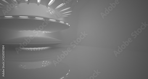 Abstract architectural background, white interior with discs.Neon lighting. 3D illustration and rendering.