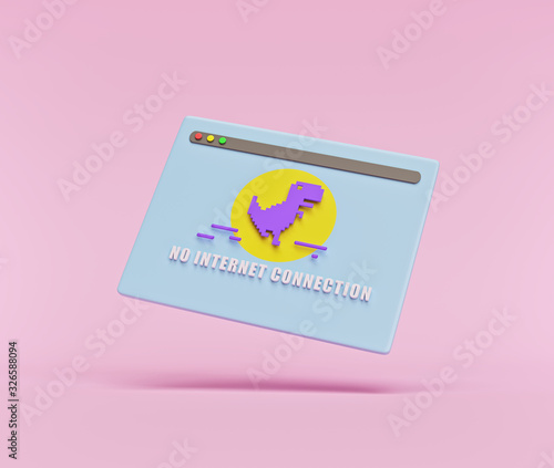 No Internet Connection concept with pixelated dinosaur icon  isolated on pastel pink background. minimal style. 3d rendering