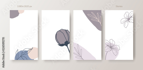 Social media stories and Main Feed cover. Background template with copy space for text and images, Tropical line arts , floral and leaves in warm earth tone vector illustration.
