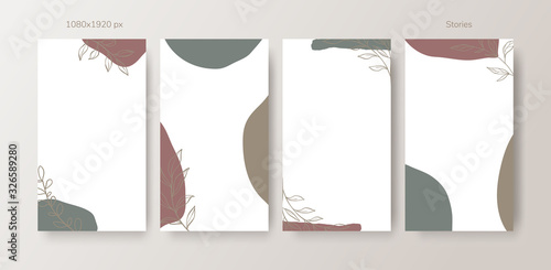 Social media stories and Main Feed cover.  Background template with copy space for text and images, Tropical line arts , floral and leaves in warm earth tone vector illustration.