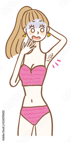 A woman wearing a swimsuit that cares about armpit hair