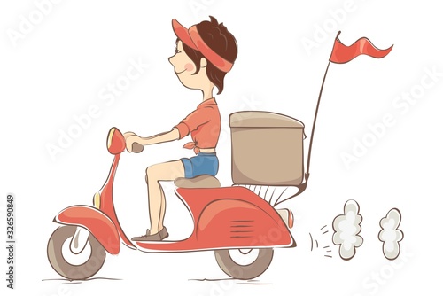 Fast delivery service. The girl on a scooter courier delivers products, vector illustration	