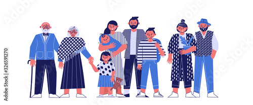 a multi-generational family together, young parents with children, grandparents and grandchildren on a white background, a large happy family, vector illustration of a flat