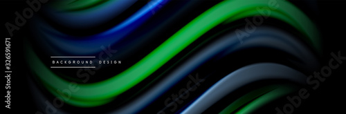 Silk and smooth flow wave poster design. Color waves, liquid style lines and shapes in black color background