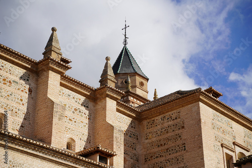 Granada Alhambra traditional spanish building, fortress, palace, stronghold, castle with garden and fountain