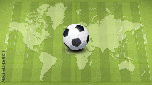green football field with traditional soccer ball 3D illustration against world map on green football grass pitch background. Top down wide view. Sport wallpaper. Design mockup