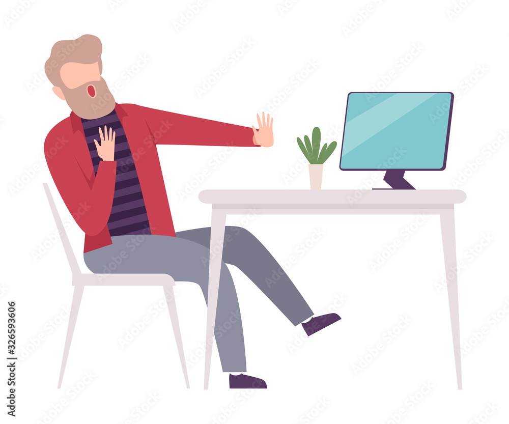 Scared Businessman Sitting at the Desk Looking at Computer Screen Flat Vector Illustration Scared Businessman Sitting at the Desk Looking at Computer Screen Flat Vector Illustration