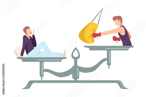 Man Boxing in Gloves is on One Side of Scale, Bored Sleepy Guy on the Other, Scales with Bad and Good Habits, Choosing Between Healthy and Unhealthy Lifestyle Flat Vector Illustration