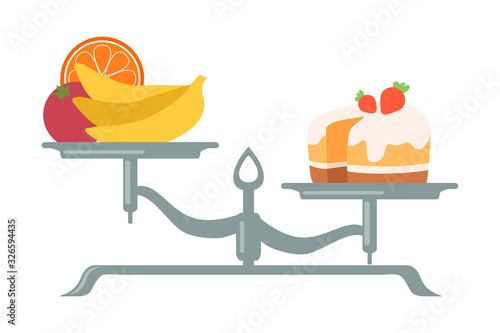 Fresh Fruits and Vegetables are on One Side of Scale, Sweet Dessert on the Other, Scales with Bad and Good Habits, Choosing Between Healthy and Unhealthy Lifestyle Flat Vector Illustration