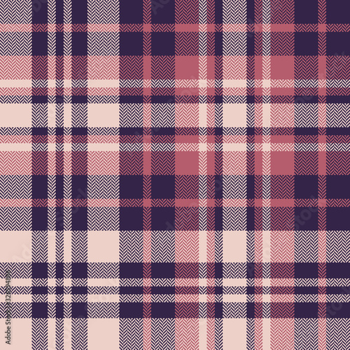 Seamless check plaid pattern. Autumn winter tartan plaid large background in purple, pink, and beige for flannel shirt, scarf, blanket, throw, duvet cover, or other modern textile print.