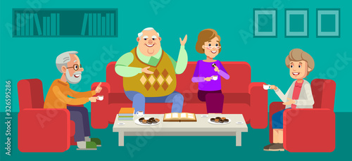 Seniors couple enjoying conversation with guests over cup of coffee at home. Happy grandparents day. Elder couples enjoying time together. Vector illustration in flat style