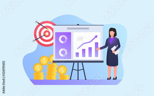 business woman give presentation analysis with target and financial report summary on white board