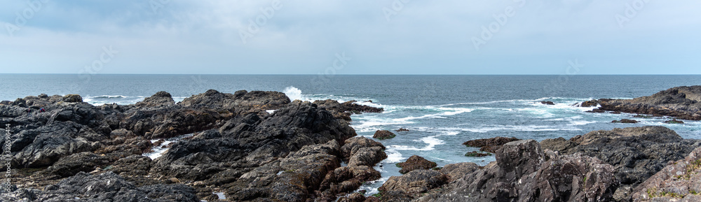 Ocean View Panorama of the Wild Pacific Trail Coastline, Water and Waves, Vancouver Island, British Columbia