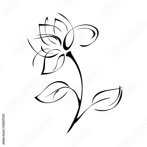 ornament 1051. one decorative flower on a curved stalk with leaves in black lines on a white background
