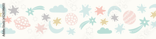 Space pattern banner design in pastel colours. Cute vector solar system repeat border background.