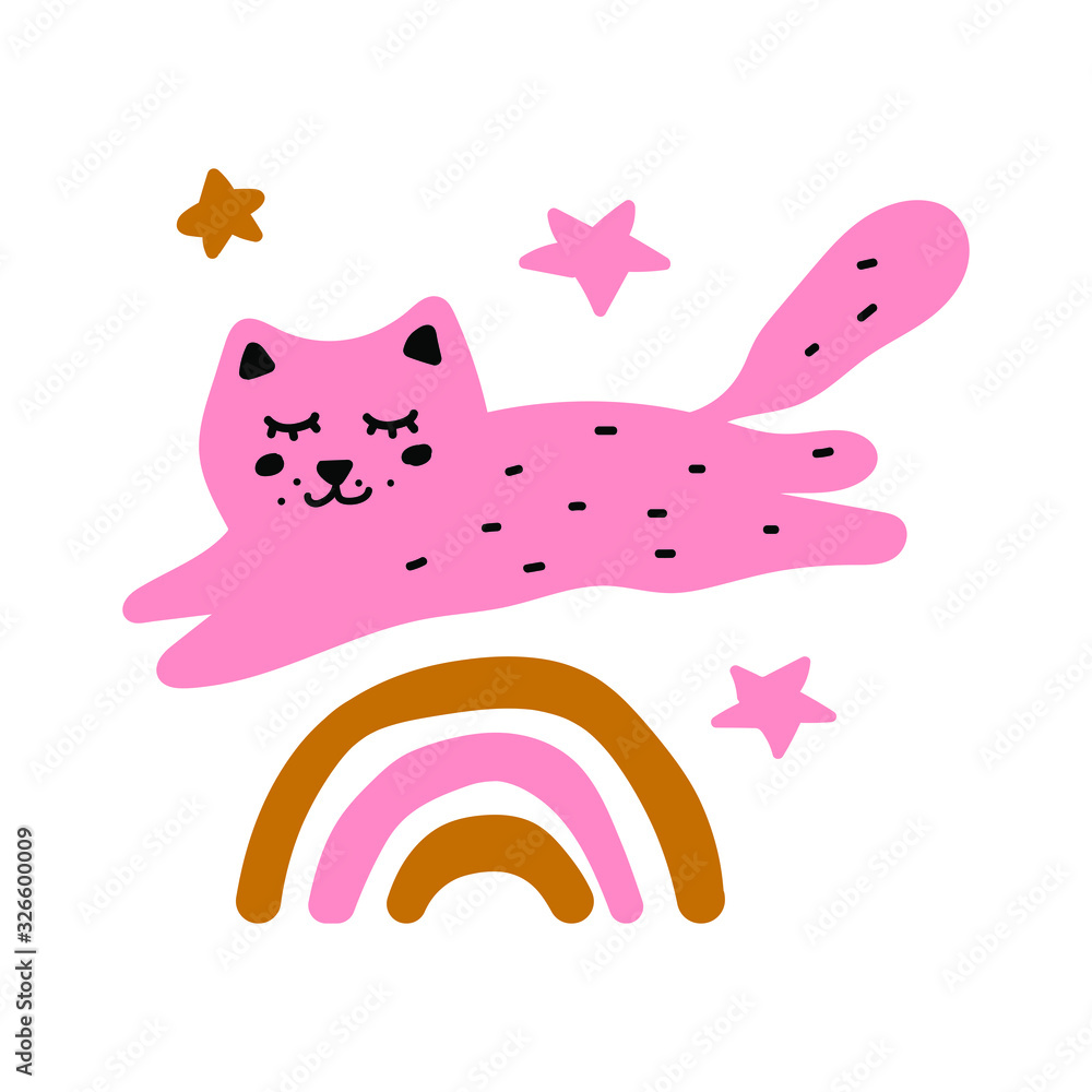 Cat jumping over rainbow. Hand drawn vector illustration on white background. Cat jumping over rainbow. Hand drawn vector illustration on white background.