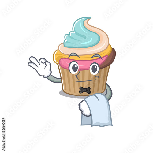 Sweet rainbow cupcake Character working as a Waiter