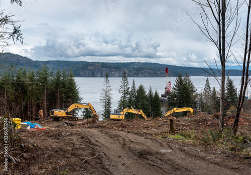 Land Being Cleared Through Clear Cut Logging with Heavy Machinery Deforestation on the Strait of Georgia, Vancouver Island, B.C.