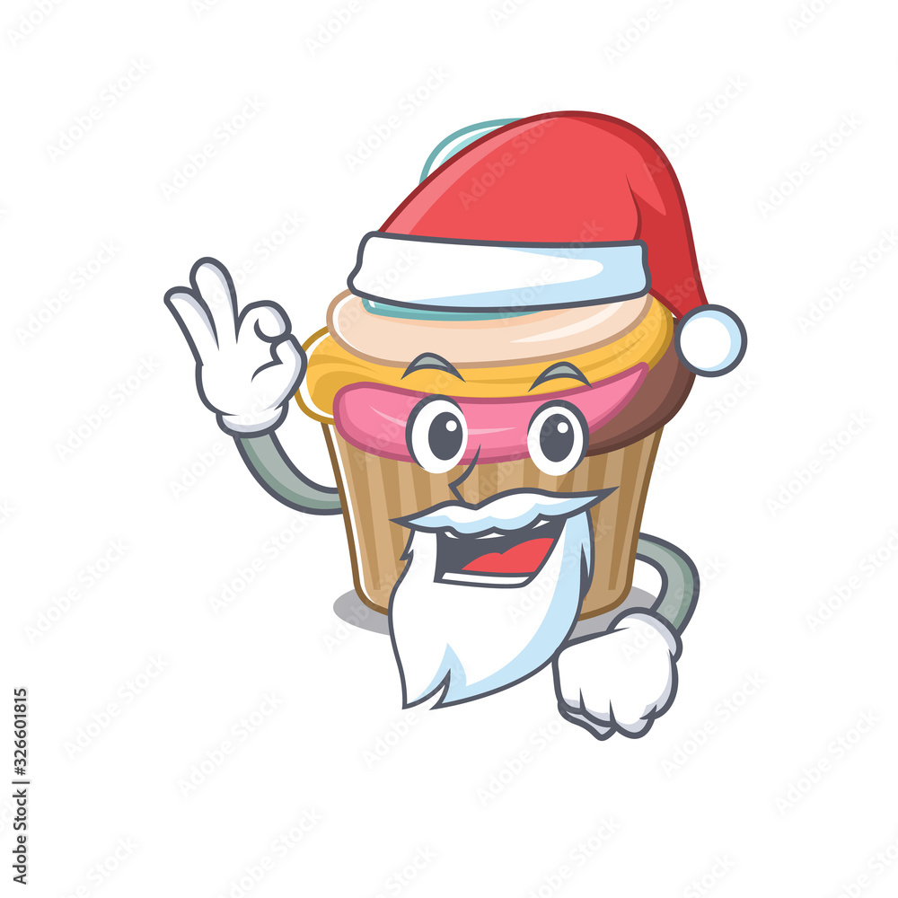 Rainbow cupcake in Santa cartoon character style with ok finger
