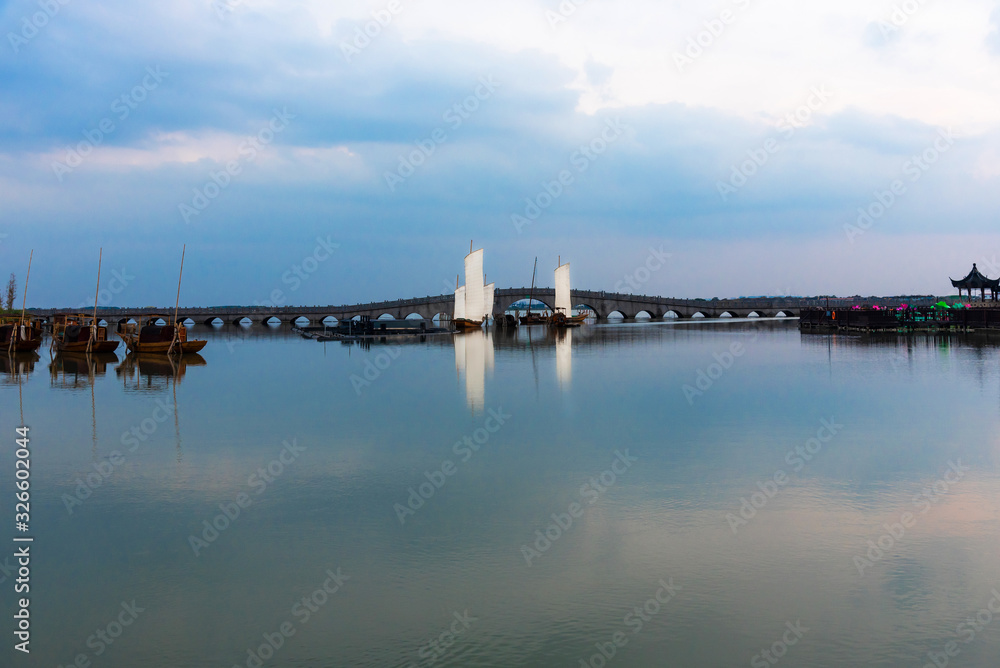 Sailboats on Baixian River, Zhouzhuang, Suzhou, China