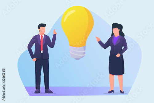 business man and business woman talking about new idea concept with big lightbulb icons